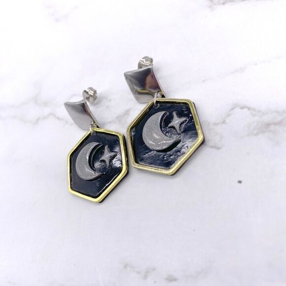 Jewelry - Black Holographic Celestial Crescent Moon Dangle Stud Earrings
